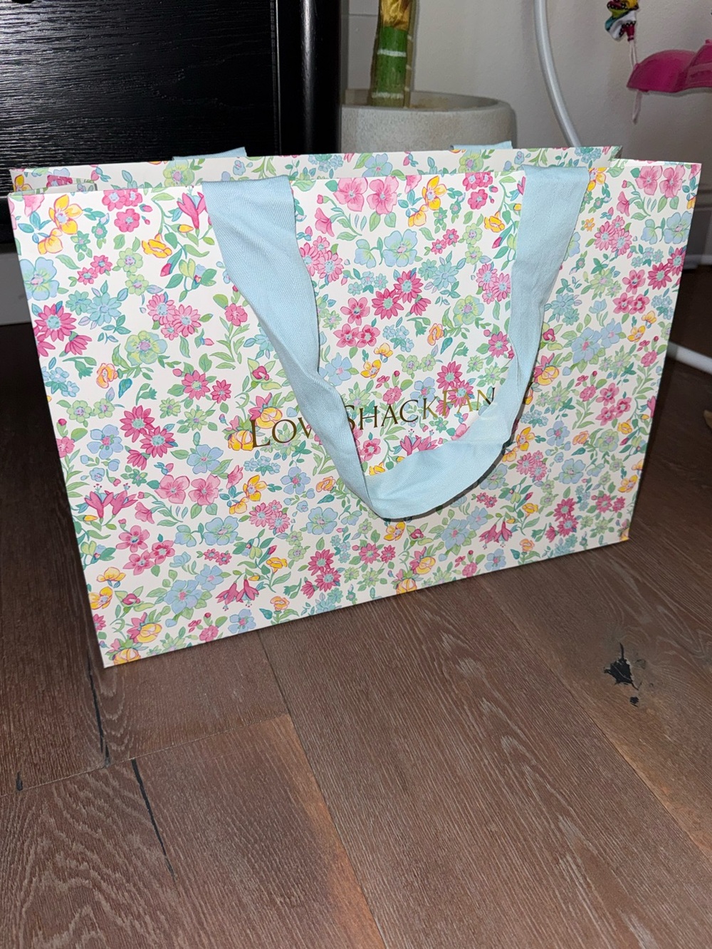 LoveShackFancy Floral Bag with Light Blue Handles